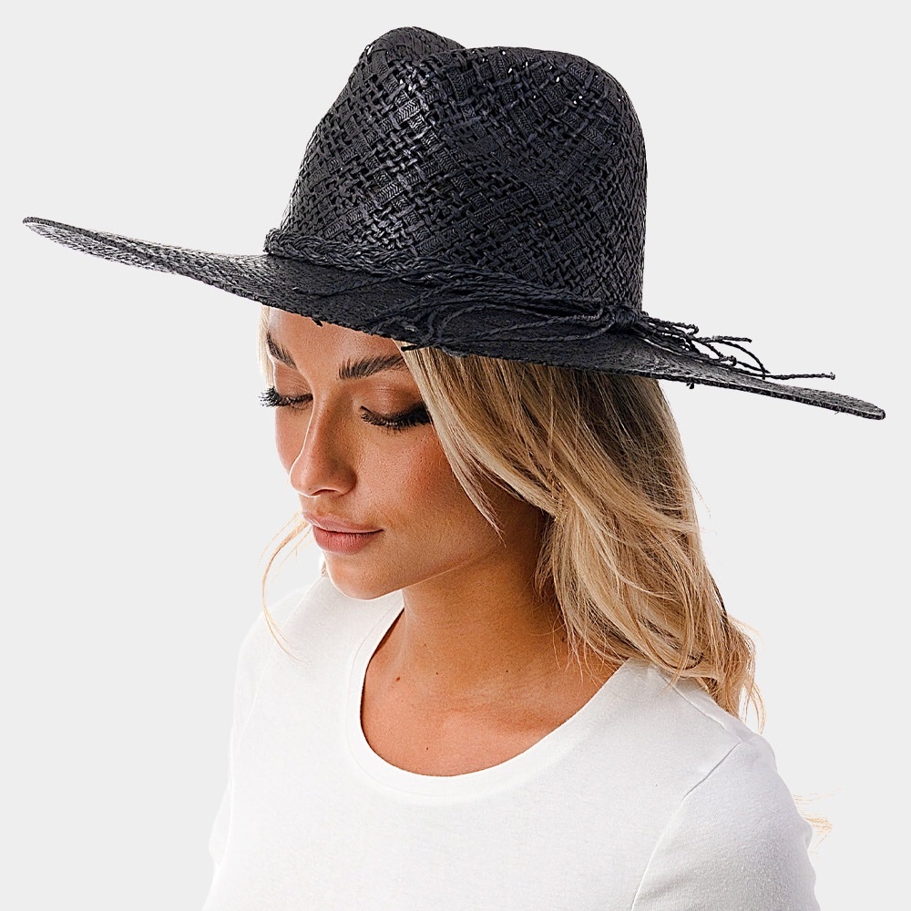 Black Braided Trim Woven Straw Fedora Hat